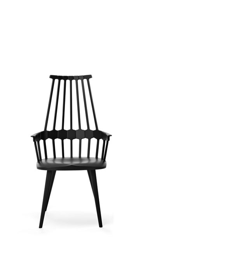 "Comback de Kartell es una silla fabricada en tecnopolímero termoplástico coloreado mediante moldeo que se caracteriza por su respaldo de tubos verticales dispuestos de forma radial reforzados con un borde con hexágonos."